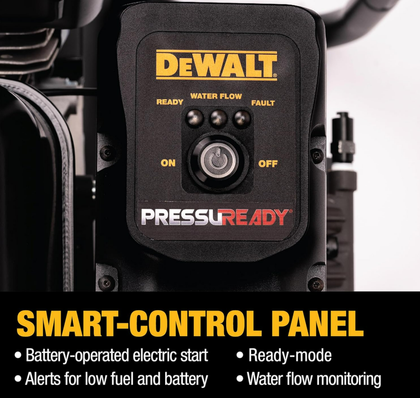 DeWalt PressuReady smart control panel with LED indicators for ready, water flow, and fault