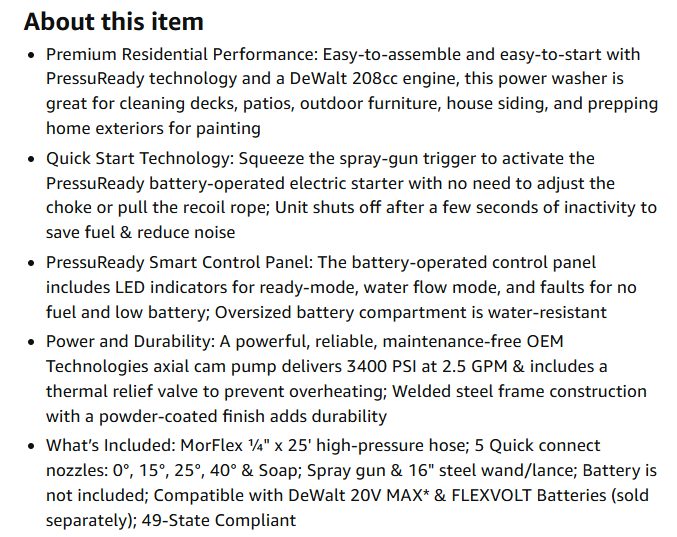 DeWalt DXPW3400PRNB-S Amazon listing at $729 with 4.2 stars and 1034 reviews