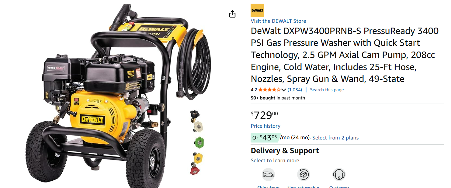 DeWalt DXPW3400PRNB-S compact design dimensions 21 x 29 x 40 inches at 76 lbs