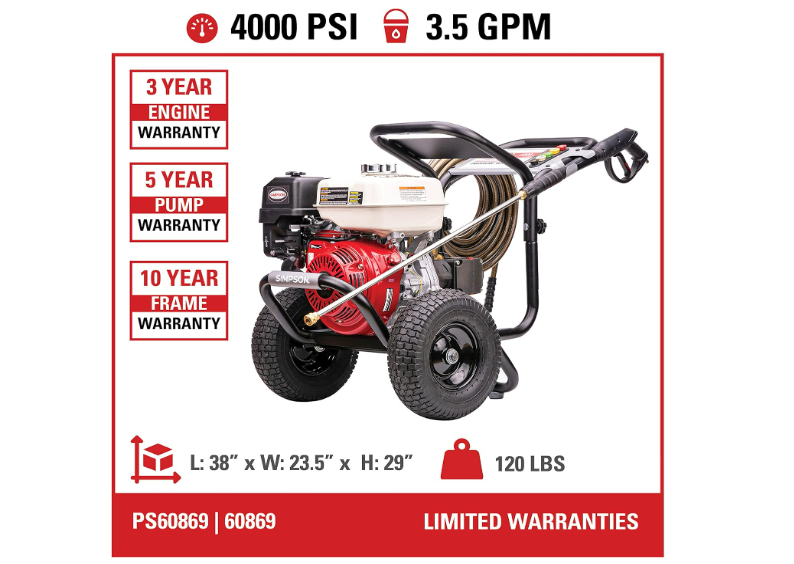 Simpson PS60869 warranty details - 3 year engine, 5 year pump, 10 year frame